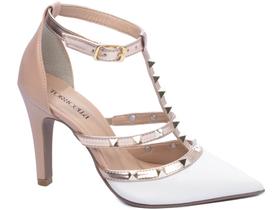 Sapato Scarpin Salto Alto Rose Branco Cobre Dourado