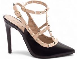 Sapato Scarpin Salto Alto Stiletto Bico Fino Feminino 12 cm Verniz Bege Preto Torricella