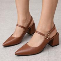 Sapato Scarpin Slingback Feminino Salto Bloco Bico Fino Elegante com Fivela Ajustável no Tornozelo C