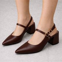 Sapato Scarpin Slingback Feminino Salto Bloco Bico Fino Elegante com Fivela Ajustável no Tornozelo C