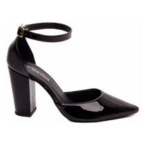 Sapato Scarpin Social Feminino Verniz Preto Salto Bloco 9 Cm Aberto Lado Formatura Festa.