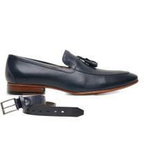 Sapato Social Azul Navy Bambolim Em Couro + Cinto 66885 Sapato Social Azul Navy Bambolim Em Couro + Cinto 66885