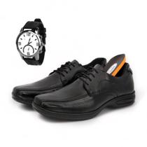 Sapato Social Cadarço Footwear Confort Gel Couro + Relógio