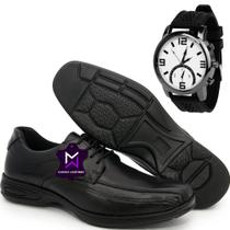 Sapato Social Casual Conforto Couro Legitimo + Relógio De Pulso Ponteiro