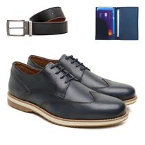 Sapato Social Casual Derby Oxford Em Couro Com Carteira E Cinto