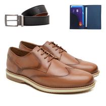 Sapato Social Casual Derby Oxford Em Couro Com Carteira E Cinto