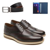 Sapato Social Casual Derby Oxford Em Couro Com Carteira E Cinto