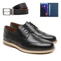 Sapato Social Casual Derby Oxford Em Couro Com Carteira E Cinto