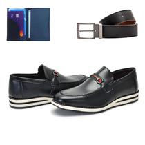 Sapato Social Casual Masculino Mocassim Super Leve Com Fivela + Carteira E Cinto
