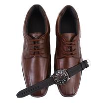 Sapato Social Couro Elegante Casual Conforto Preto Marrom + Relógio