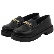 Sapato Social Feminino Tratorado Mocassim Com Detalhe Em Corrente Preto