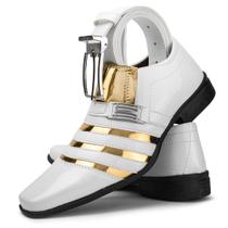 Sapato social masculino branco com dourado + cinto