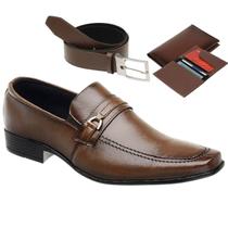 Sapato Social Masculino Casual Bico Fino Moderno Marrom Super Confortável + Cinto + Carteira