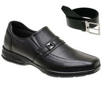 Sapato Social Masculino Couro Confortável Casual Ortopédico Solado Costurado + Cinto