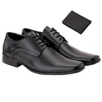 Sapato Social Masculino Moderno em Couro Preto e Carteira Masculina Slim Confortável Oxford Bico Fino com Amarras Cadarço Clássico