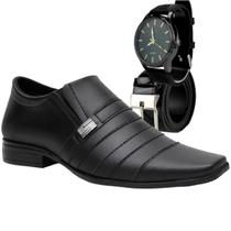 Sapato Social Masculino Preto Solado De Borracha Com Cinto E Relogio