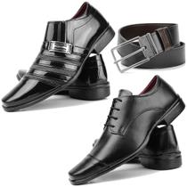 Sapato social preto kit com 2 pares + cinto dupla face