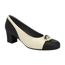 Sapato Social Salto Bloco Médio Confortável Feminino Piccadilly Off White / Preto / Napa 37