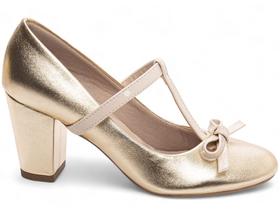 Sapato Social Scarpin Scarpan Salto Médio Alto Grosso Feminino 7 cm Boneca Metalizado Ouro Torricella