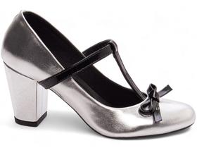 Sapato Social Scarpin Scarpan Salto Médio Alto Grosso Feminino 7 cm Boneca Metalizado Prata Torricella