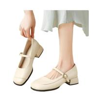 Sapatos De Couro Femininos Estilo Francês Com Bico Quadrado E Salto Grosso Com Fivela De Metal E