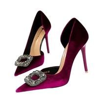 Sapatos De Festa Femininos De Veludo Com Salto Super Alto De 105cm, Bico Fino E Fivela De Cristal Sapatos De Festa Femininos De Veludo Com Salto Super Alto De 105cm, Bico Fino E Fivela De Cristal