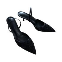 Sapatos De Salto Fino Com Bordado Em Rede Para Mulheres, Slingback, Bico Fino, Para O Verão