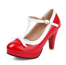 Sapatos ForeMode Fashion Femininos com alça em T, salto alto, couro vermelho