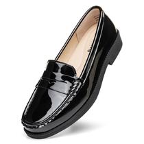 Sapatos Freeberry Penny Loafers femininos de couro preto envernizado Sapatos Freeberry Penny Loafers femininos de couro preto envernizado