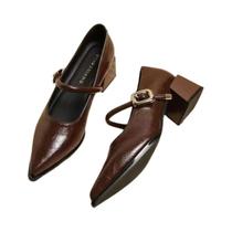 Sapatos Mary Jane Vintage Franceses Com Bico Fino Em Couro Premium, Salto Grosso E Fivela Decorativa Sapatos Mary Jane Vintage Franceses Com Bico Fino Em Couro Premium, Salto Grosso E Fivela Decorativa