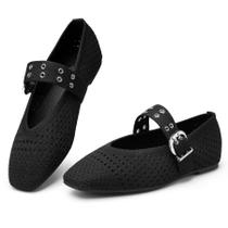 Sapatos Trary Black Flats para mulheres, tricotados, biqueira quadrada, tamanho 10