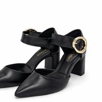 Scarpin Bebecê Feminino Bico Fino Salto Grosso com Fivela Dourada Elegante Scarpin Bebecê Feminino Bico Fino Salto Grosso com Fivela Dourada Elegante