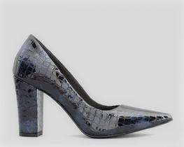 Scarpin CBK Salto Alto Grosso Verniz Croco Azul Marinho