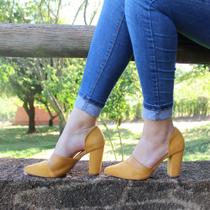 Scarpin Dravanna Salto Alto Bloco Chic Amarelo