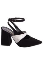 Scarpin em Nobuck Preto e Glitter Prata - Salto Grosso 8,5 cm - Antiderrapante