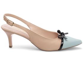 Scarpin Feminino Elegante Sapato Salto Médio Baixo Fino 6cm Napa Azul e Bege