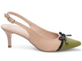 Scarpin Feminino Elegante Sapato Salto Médio Baixo Fino 6cm Napa Verde e Bege