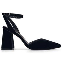 Scarpin Feminino Preto Veludo Salto Bloco Grosso Fivela Scarpin Feminino Preto Veludo Salto Bloco Grosso Fivela