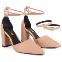 Scarpin Feminino Salto Alto Bloco Bico Fino Tiras Amarração Fivela Elegante Confortável Casual Chic