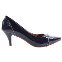 Scarpin feminino salto baixo verniz marinho valle shoes