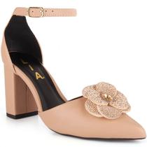 Scarpin Feminino Salto Bloco Bico Fino Flor Pedraria Social Confortável Sofisticado Casual Moda