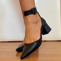 Scarpin Feminino Salto Bloco Bico Fino Verniz Fivela Confortável Casual Trabalho Festa Top Kirida
