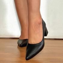 Scarpin Feminino Salto Bloco Médio Bico Fino Confortável Elegante Casual Preto Caramelo e Nude