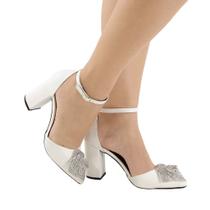 Scarpin Feminino Salto Bloco Verniz Flor Strass Elegante Amarração Luxo Festa Casamento Noiva Confor