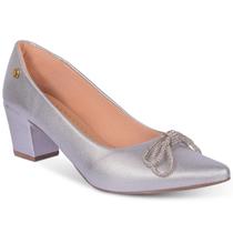 Scarpin Feminino Salto Grosso Metalizado Laço Strass