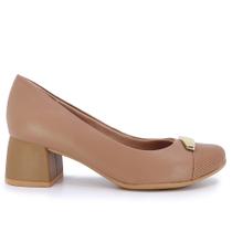 Scarpin Marrom Salto Bloco Couro Detalhe Enfeite