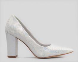 Scarpin Noiva CBK Salto Alto Grosso Couro Furta Cor Prata