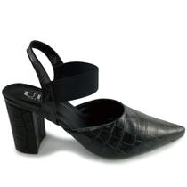 Scarpin Preto com Estampa Croco com Elástico no Tornozelo Salto Alto Bloco 9 cm - ULLY Scarpin Preto com Estampa Croco com Elástico no Tornozelo Salto Alto Bloco 9 cm - ULLY