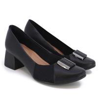 Scarpin Preto Salto Bloco Couro Detalhe Tecido