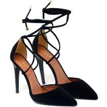 Scarpin Salto Alto Bico Folha Com Tiras Nobuck Ellas Preto